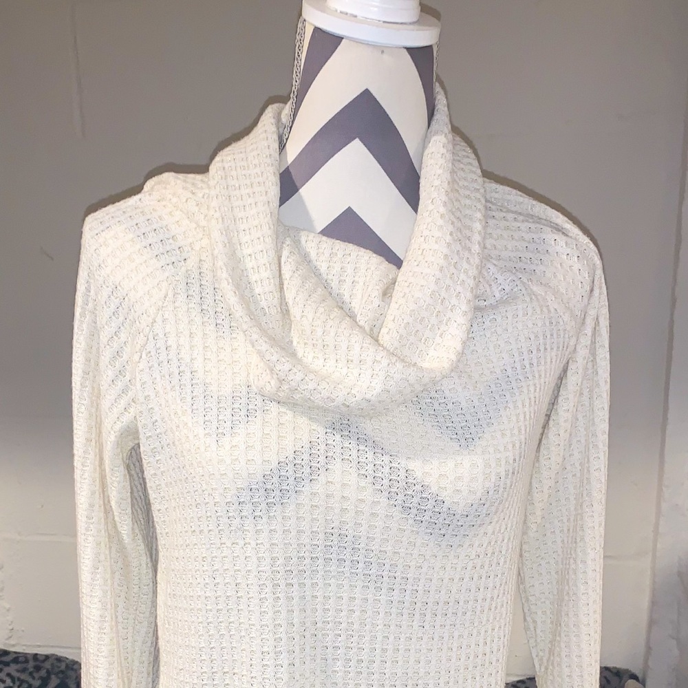 Sheer Cowl neck waffle knit sweater